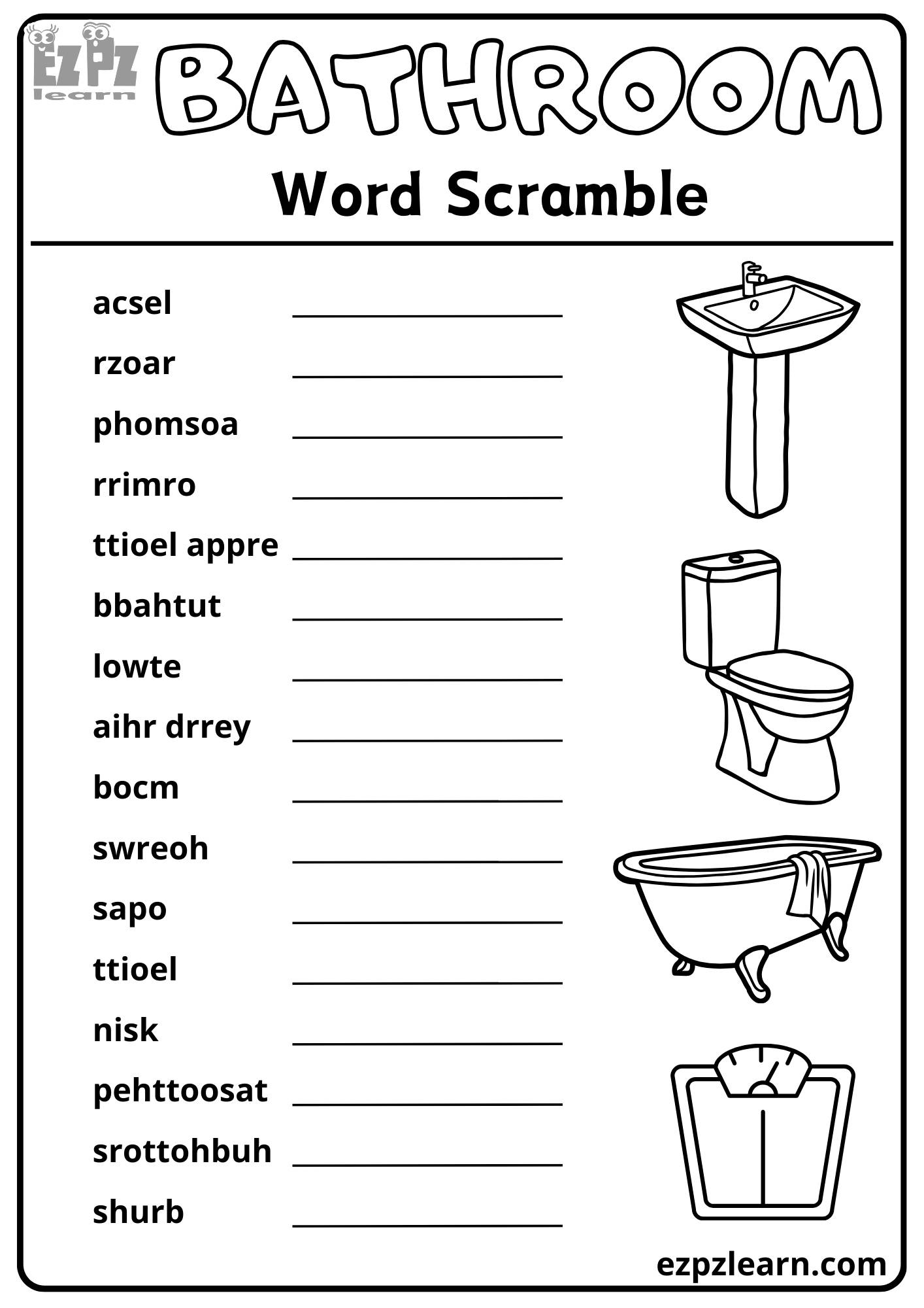 Bathroom Word Scramble 16 Vocabulary Words Free Downloadable PDF